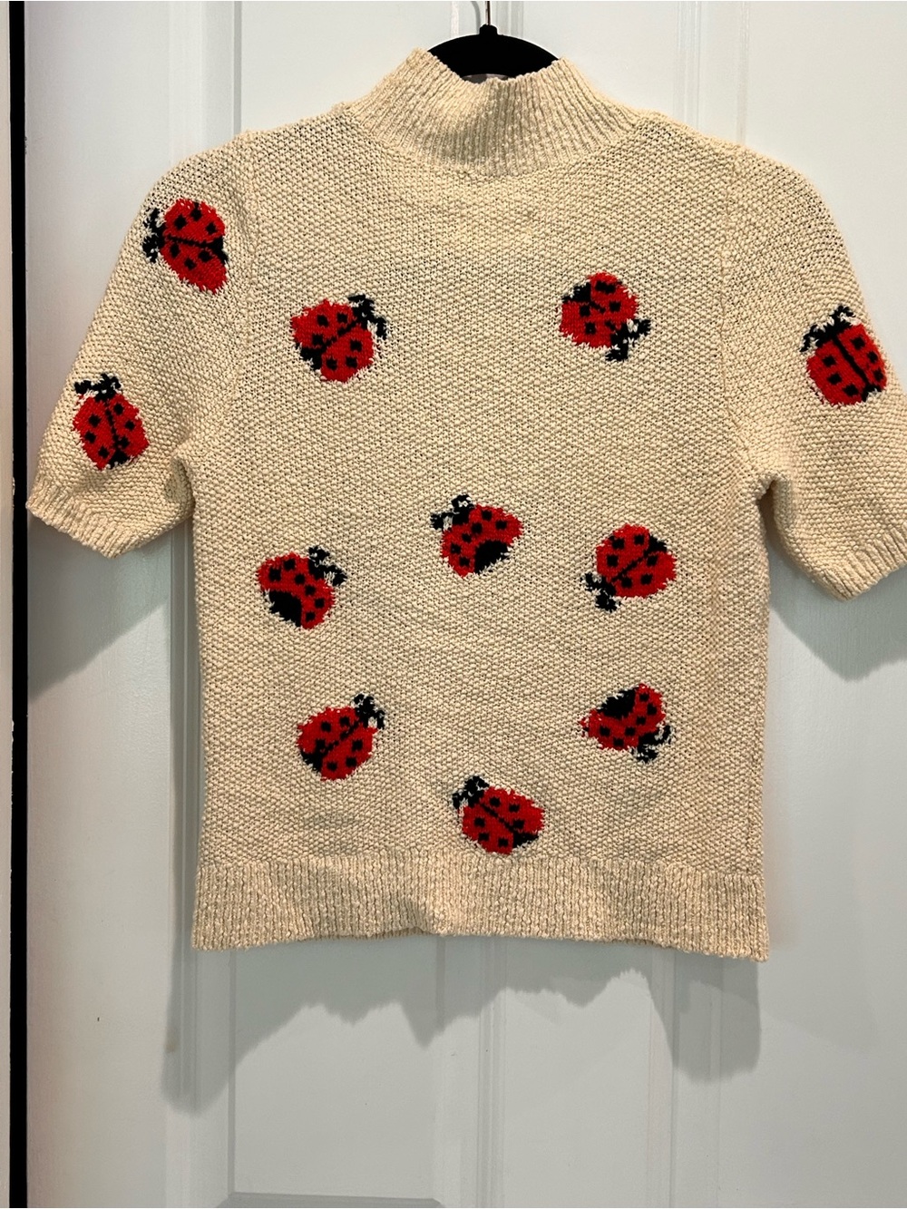 Maeve Anthropologie Ladybug Sweater Top Small Cream Mock Neck Short Sleeve Knit - Picture 3 of 6